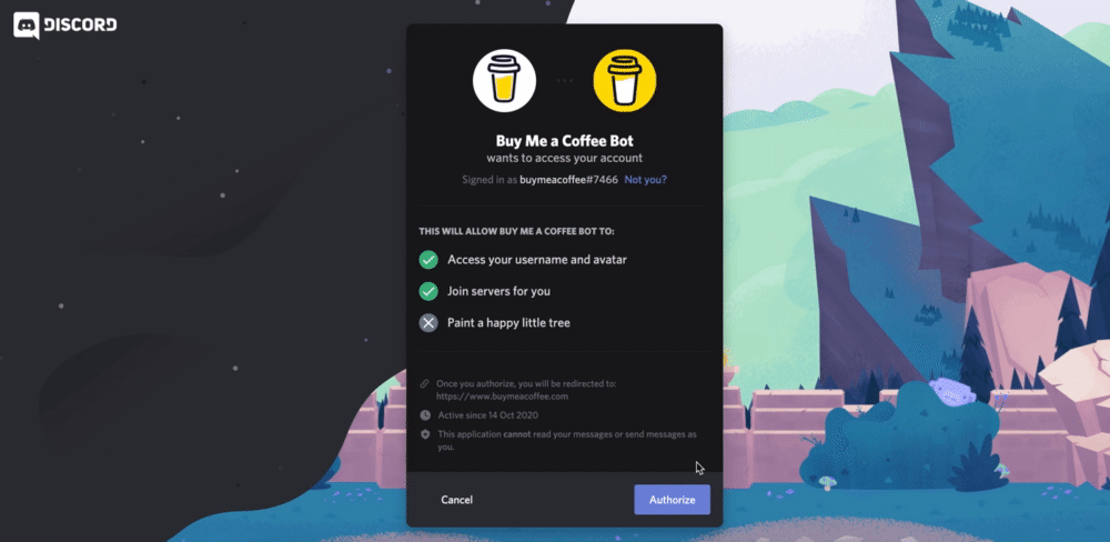 Demo: autorizzazione del bot Buy Me a Coffee